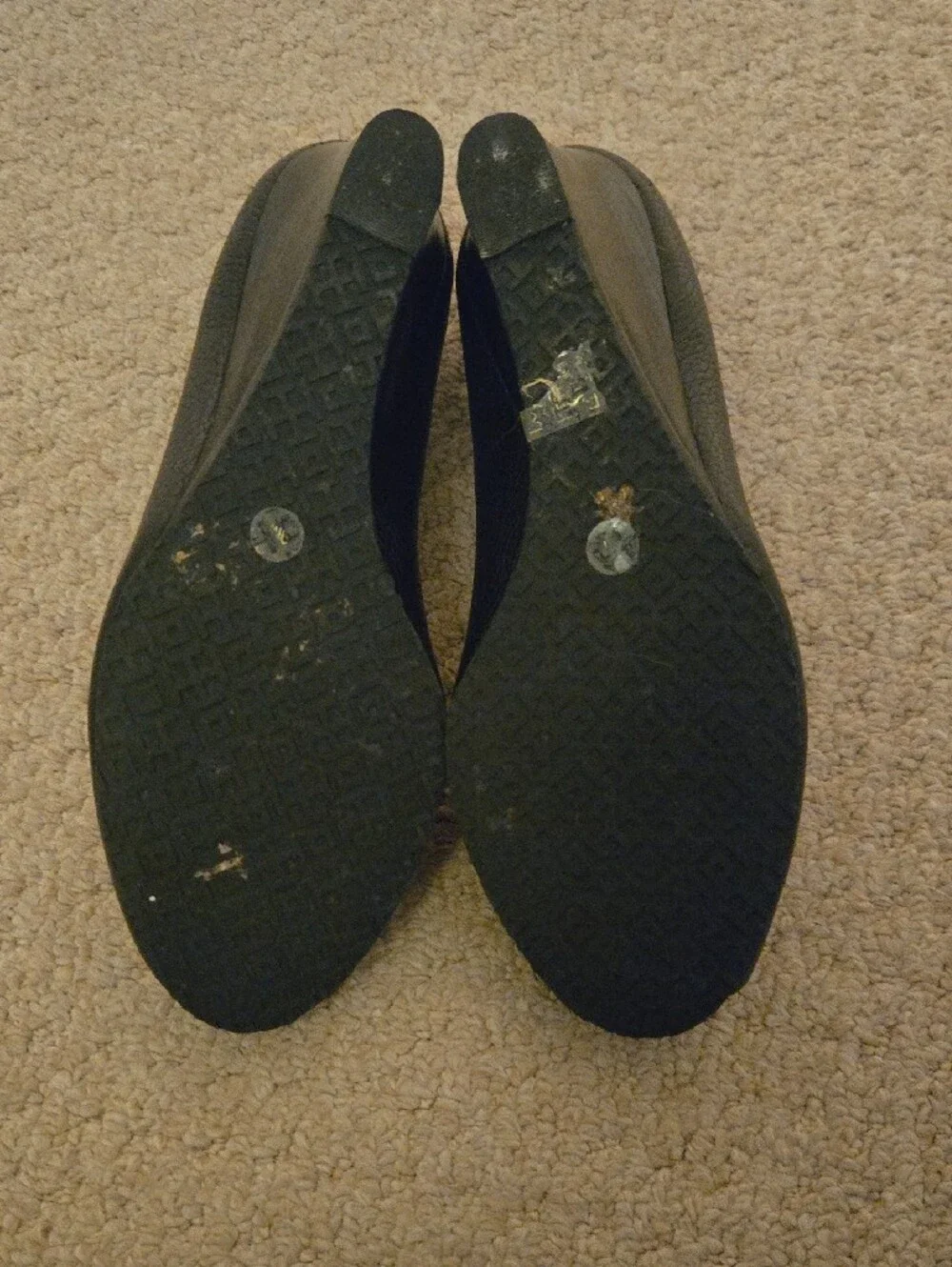 Tory Burch Black Leather Peep-Toe Heels with Silver Logo Medallion